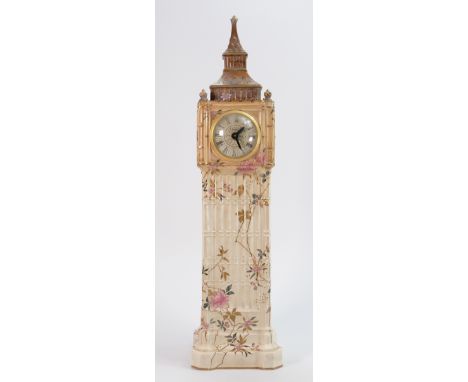 Doulton Burslem Spanish ware large architectural clock: Similar to Londons Big Ben, decorated with flowers, height 50cm. (Lat