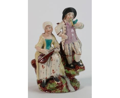 Early 19th century Staffordshire musicians figure group: Male & female musicians playing instruments. Section of tree missing