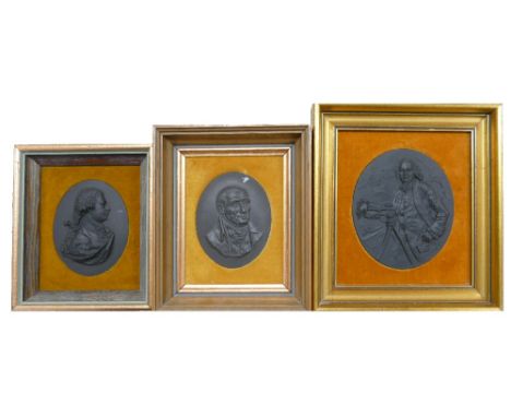 A collection of John Bromley black Basalt portrait plaques: To include Isaac Newton, Fredrick Augustus &amp; Hugh Bourne, all
