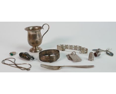 A collection of silver jewellery items: Including christening mug, bracelets, ingot &amp; chain, bangle etc. hallmarked items