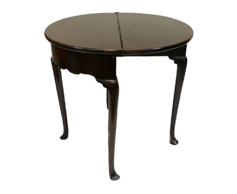 18th century Mahogany demi lune folding Card table:  Height 69cm, width 91cm and depth closed 36cm                           
