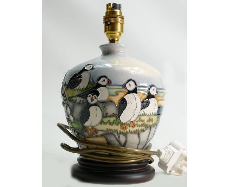 Moorcroft lamp base Puffins design by Carole Lovatt: Height to fitting 20cm.