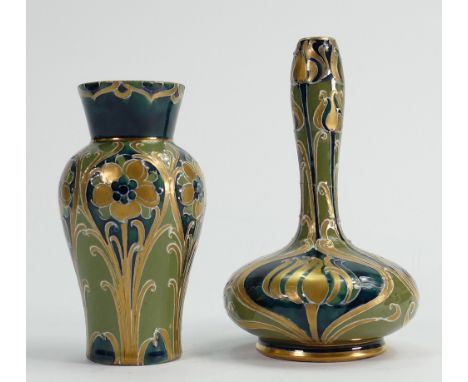 Moorcroft Macintyre Florian small vases in the green and gold design: Comprising thin neck vase (neck re-stuck) small shoulde