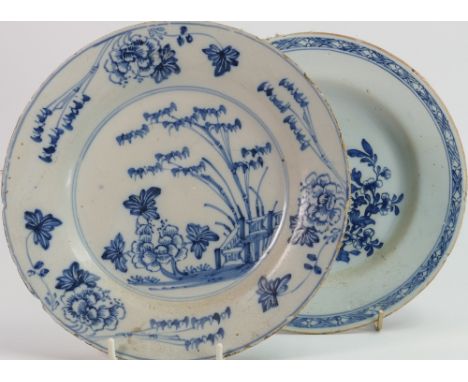 Two 18th century English blue and white Delft plates: One described as Liverpool or Bristol c 1760 with extensive damage with