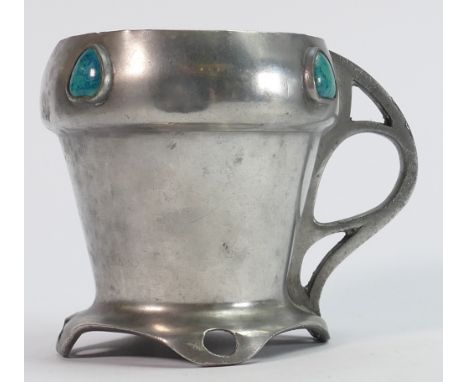 English Art Noveau Pewter mug with Ruskin inserts: Height 9cm.