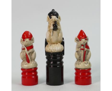 Three George Tinworth Doulton Earthenware Chess pieces: Doulton impressed on base, Black King, Red Bishop &amp; Red Knight. (