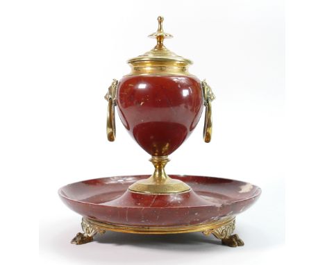 French Red Marble 19th Century Ormolu Mounted Inkwell: height 21cm, chips noted to leading edges of lower tray 