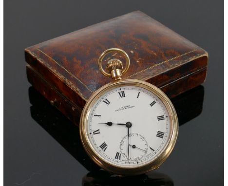 9ct gold case open face keyless gents pocket watch: Retailed by G H Bird in original presentation box.  Swiss 7 jewel movemen