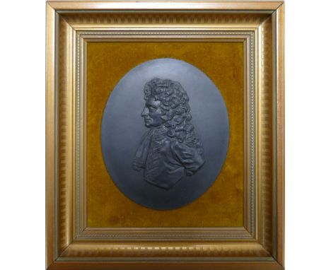 Black Basalt portrait plaque of Sir Christopher Wren: In gilded frame, 19 x 16.5cm.