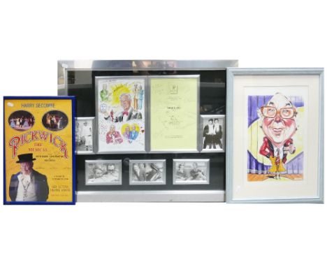 A collection of British Comedy theme framed items to include: Harry Secombe Pickwick Poster, Signed Comic Heritage Tribute to