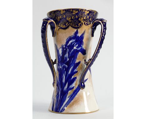 Royal Doulton early three handled blue and white gilded vase: Decorated with Iris, height 17cm.