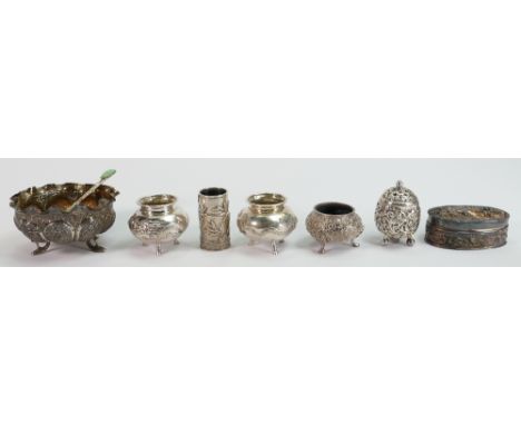 A good collection of Asian silver items including: Chinese silver salts, bowls, Indian snuff box depicting punishment scene, 