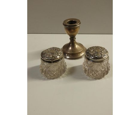 2x Silver Dressing Table Pots and Dwarf Candlestick 