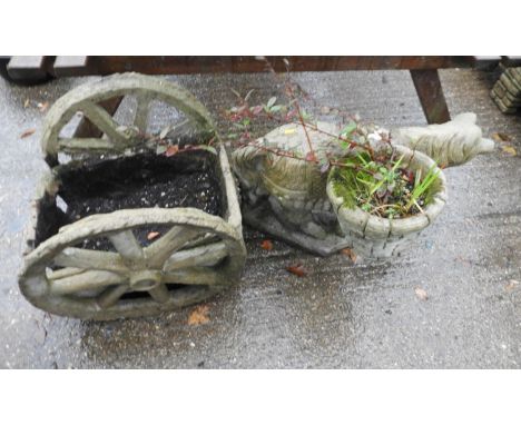 Donkey Concrete Garden Ornament with Cart and Planter - A/F 