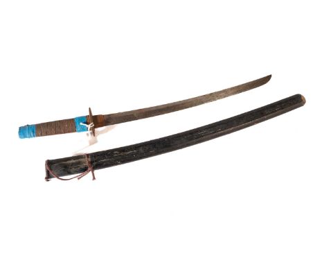 A Japanese wakizashi sword, the single edged curved blade, possibly 19th Century, with hamon line, on a later wire bound grip