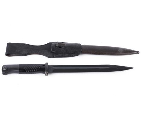A German K98 bayonet, by Weyersberg, 1941, with matching scabbard, blade and scabbard stamped '175k', with leather frog, 41cm