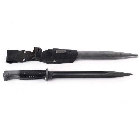 A German K98 bayonet, by FA Herder, 1941, with matching scabbard, blade and scabbard stamped '9860d', with leather frog, 40.5