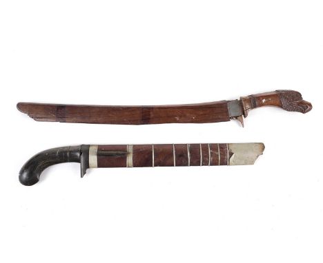 Malaysian Parang, curved blade and horn grip, the scabbard with metal mounts; golok knife, curved blade engraved 'TJI K R 9 H