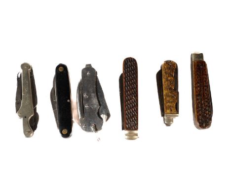 Two single-blade folding knives with antler handles, one by Ventur; another with multiple utilities, by S. Hibbert &amp; Son;