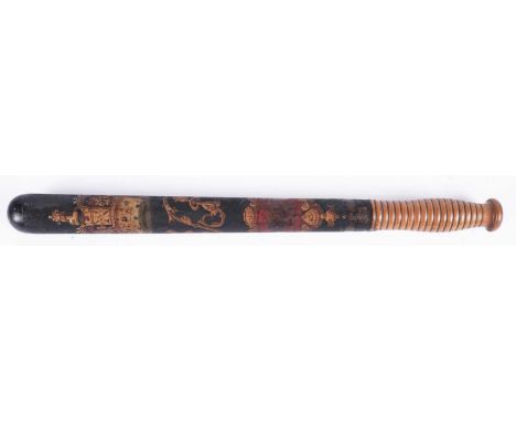 A Victorian Constabulary truncheon, by Parker of Holborn, decorated with a VR cypher under crown, 47cms long.