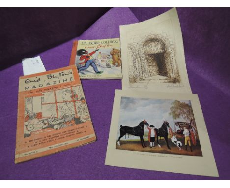 An Enid Blyton volume, Little Book No3, The Proud Golliwog and a 1955 Enid Bylyon Magazine along with a print and a drawing