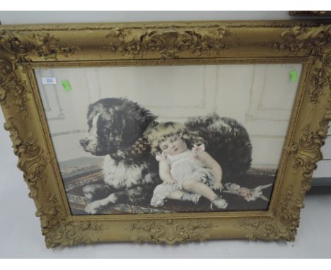 A vintage large plaster cast and gilt picture frame with period print