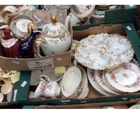 A Royal Albert "Moss Rose" part dinner service to include: 6 x dinner, lunch and side plates, gravy boat &amp; stand, sugar b