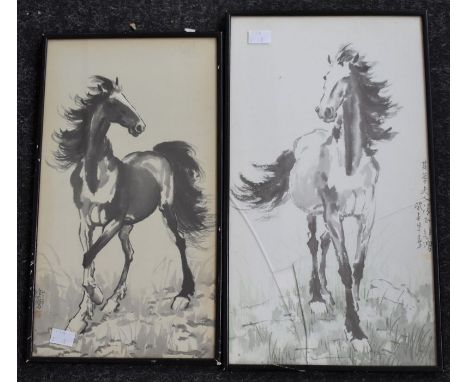 A pair of Chinese prints, depicting horses, with printed signature and seal mark (2)