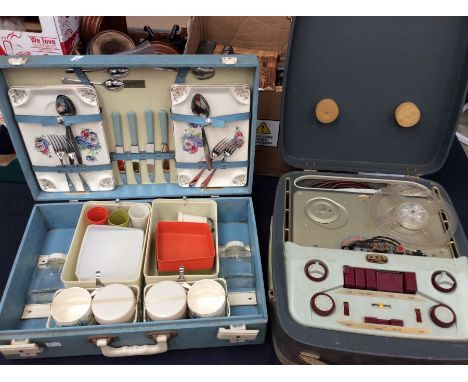 1960s' picnic set in a carrycase, along with a reel-to-reel tape recorder in a carrycase