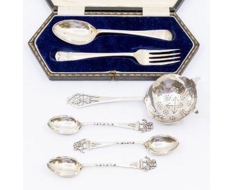 A collection of silver to include: three George V teaspoons, engraved monogram for Fife and Forfar Yeomanry, with cast mounte