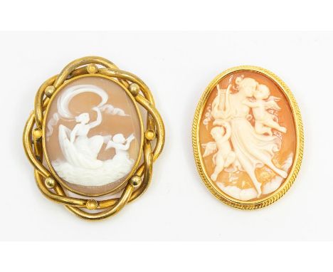 Two cameo brooches, comprising an 18ct gold cameo with classical scene, rope edge border, size approx 36 x 48mm, pin and roll