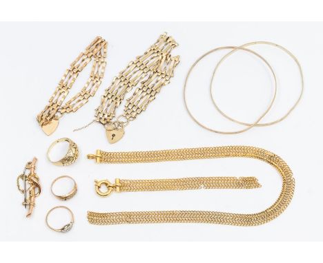 A collection of weighable 9ct gold including bangles, gate bracelets, woven chain, three rings comprising two stone set (miss