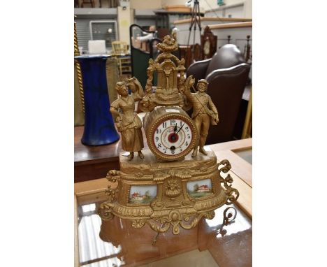 Early 20th century gilt spelter mantel clock with ceramic tile detail and face