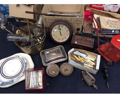 Tin trunk including Triang crane and bakelite clock set (Q)&nbsp;
