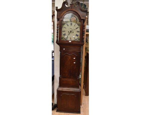 A George III 8 day long case clock with arched dial date and second hand moon and picture dial, painted face, no name on dial