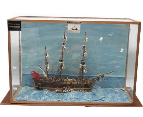 A 20th Century large scale model of Bounty showing the Mutiny, coloured figures on realistic seascape (AF - damages), the cas