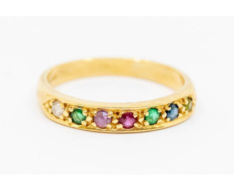 A 18ct gold DEAREST ring, comprising  a row of grain set round cut stones to include diamond, emerald, amethyst, ruby, emeral