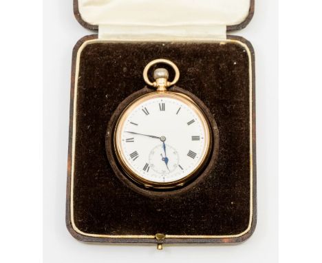 An early 20th century J.W Benson Ltd open faced 9ct gold pocket watch, enamel dial with numeral markers, subsidiary at 6, cas