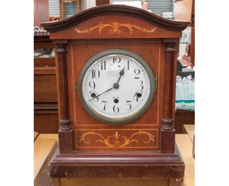 Edwardian mahogany mantle clock with chime, Roman numerals, inlaid case