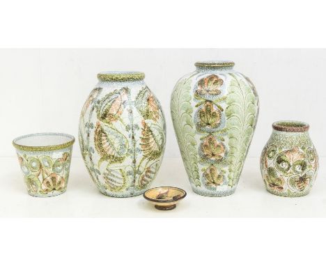 Denby Pottery two large vases, a smaller vase, a planter and a small bowl, Glyn Collidge.