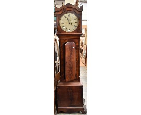 A George III longcase clock, in flame mahogany case, round dial, 8 day, painted dial with second hand, 202 cms high approx ma