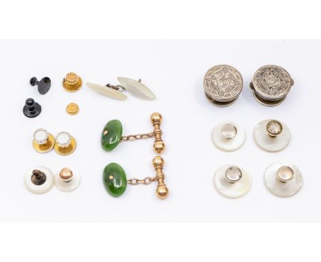 A pair of jade and yellow gold cufflinks, unmarked assessed as 9ct gold, approx 6.5gms; assorted shirt studs, including mothe