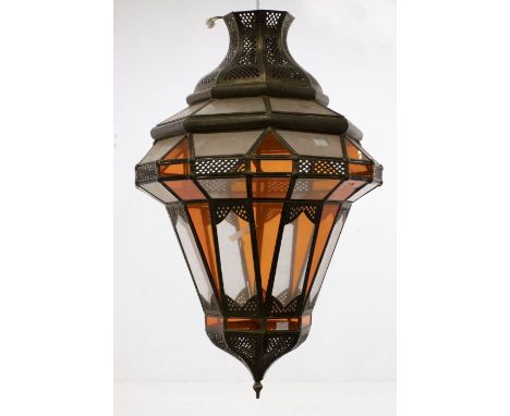 Large ornate brass and glass lantern, 75cm from top to bottom, one panel missing and one broken