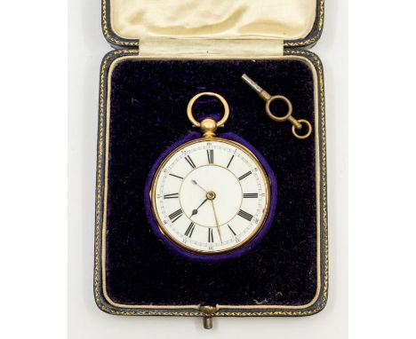 A late 19th century 18ct gold open faced pocket watch, enamel dial with numeral hour markers, outer seconds track (missing gl