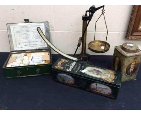 Griffin and George Ltd scales, mid 20th century complete transport first aid kit, and two tins