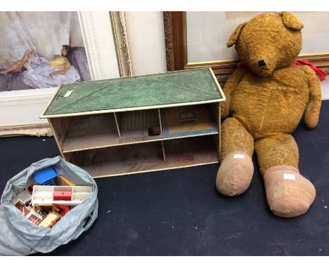 Mid 20th century tin plate dolls house with accessories, along with mid 20th century teddy bear