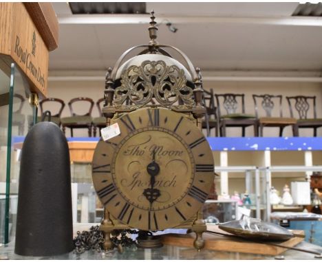 Brass reproduction 30hr wall hanging lantern clock, Thomas Moore, Ipswich, with Roman numerals, single hour hand, measures ap