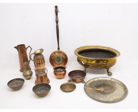 Collection of brass and copperwares to include 19th century brass planter, jugs, small bed pan etc.