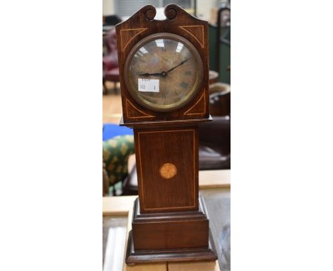 Edwardian mantle clock in the style of a long case clock, Roman numerals, with batwing inlay, mahogany