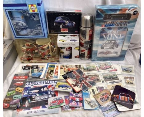 Collectables: A collection of assorted Mini Memorabilia to include Flask, Mugs, Fridge magnets, collectors cards, calendars, 